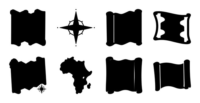 Black vintage map and continent icons set - Minimalist black silhouette icons of maps, compass, and continents for vintage travel or geography themes.