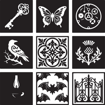 Icon collection of nine black and white silhouettes featuring various designs including a key butterfly clockwork bird thistle and bat uncomon design