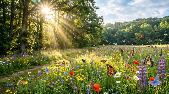 Colorful meadow of wildflowers with butterflies flying above, symbolizing diversity, harmony, and thriving nature, illuminated by sunlight streaming through forest trees in a peaceful landscape.