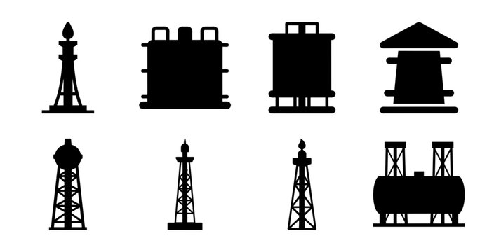 Isometric oil and gas industrial equipment set - Modern vector icons of oil rigs, tanks, and industrial storage units in black and white.