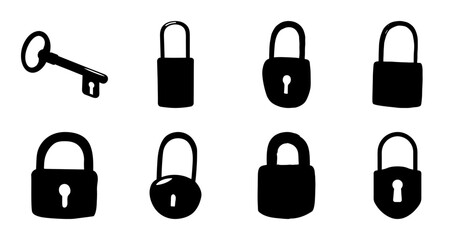 Black keys and padlocks icon set with key - Minimalist black and white icon set featuring keys and padlocks in various styles for security or access themes. © Md