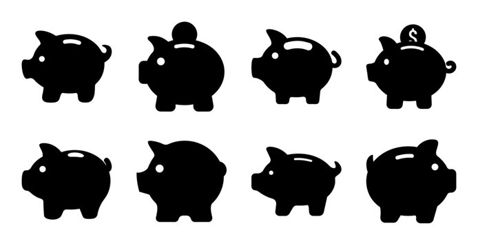 Eight black piggy bank icons in a row - Simple set of eight black piggy bank icons arranged horizontally for saving or money-themed designs.