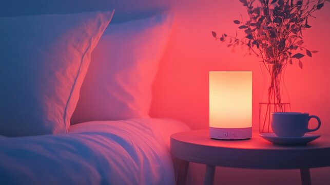 A bedside table holds a red-light therapy lamp that emits soft light beside a cup of tea. This setup aims to promote health and well-being in the evening