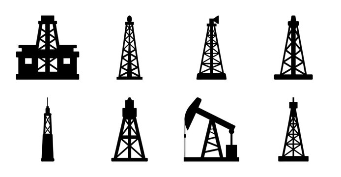 Set of black oil drilling rig icons - Simple black and white vector icons of various oil drilling rigs and pumps for industrial or energy-themed projects.