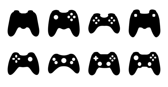 Black game controllers icon set - Modern black game controllers arranged in a clean, organized icon set perfect for gaming or tech projects.
