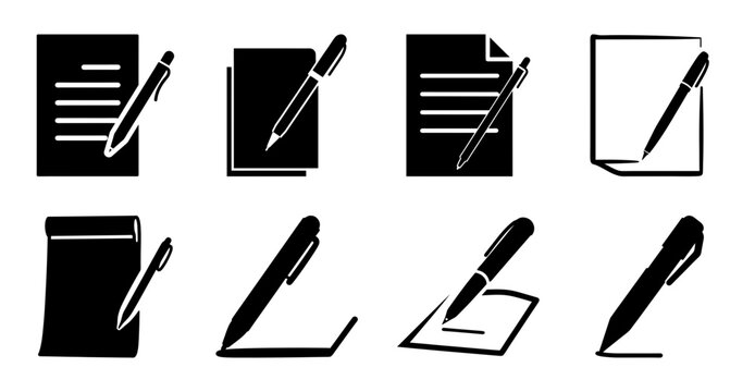 Flat icons set of writing and document tools - Minimalist black flat icons showing pens, notes, and documents for creative or office use.
