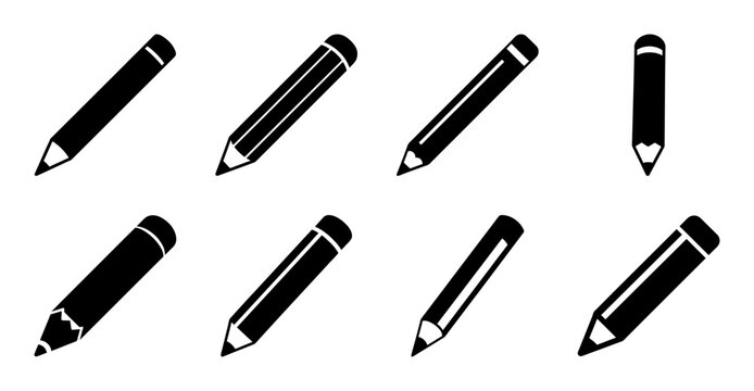 Set of six black pencils with erasers - Six stylish black pencils with erasers arranged neatly for graphic or educational use.