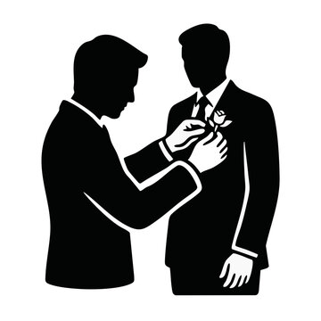 Man pinning boutonniere on suit lapel vector illustration. Pallbearer or groom preparation silhouette icon. Formal ceremony graphic isolated on transparent background