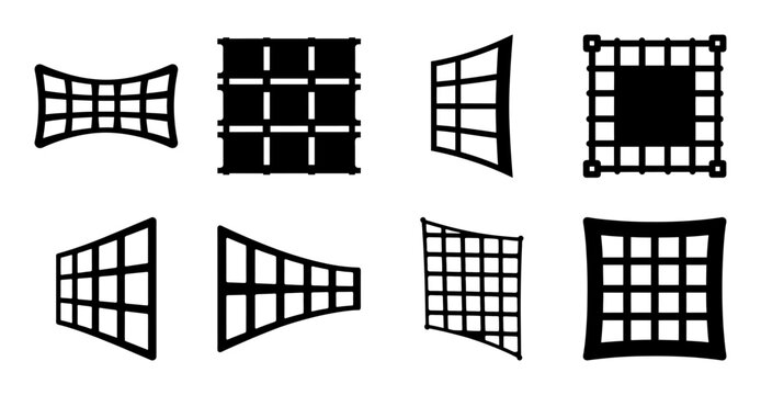 Modern geometric grid and perspective wireframe designs - Minimalist vector illustrations showing wireframe grids and 3D perspective shapes in black and white for design and tech use.