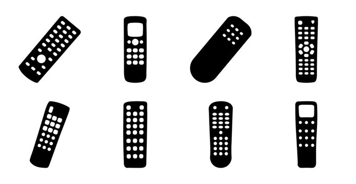 Black and white remote controls set - Eight different styles of black and white remote controls arranged in a clean, organized layout for design use.