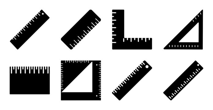 Set of black geometric rulers and triangles - A collection of black geometric tools including rulers, right angle, and triangular shapes in a clean layout.