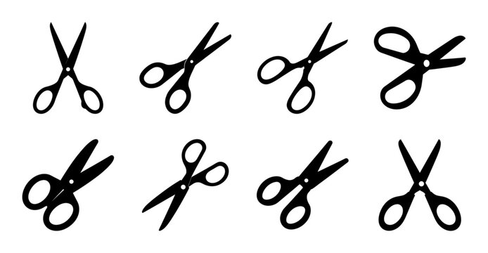 Black and white scissors icon set - Minimalist black and white scissors icon collection in various angles and styles for design projects.