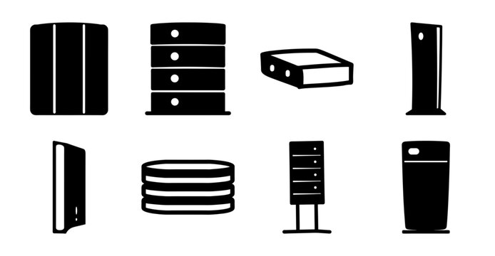 Modern server and storage devices set icons - Minimalist black icons of servers, storage units, and hard drives in a clean, organized layout for tech and digital design use.