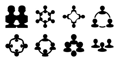 Fototapeta premium Black abstract people connection icons set - Minimalist vector icons showing human connection and group interaction in black style.