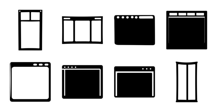 Modern app window layout icons set - Simple black and white icons showing different app window layouts and interface styles for digital design projects.