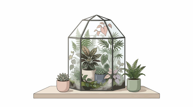Small plants in pots on shelf.