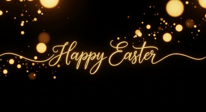 Happy Easter glowing golden text with sparkling bokeh lights on black background