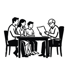 Fototapeta premium Lawyer reading a last will and testament to a family. Estate planning and inheritance legal service concept. Black and white vector illustration