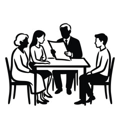 Obraz premium Reading will to family silhouette. Lawyer reading testament to relatives. Vector illustration isolated on transparent background