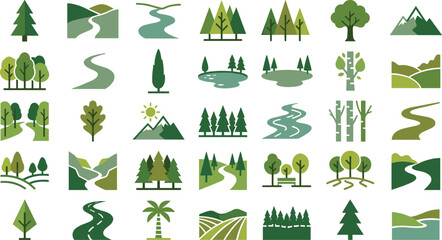 Nature landscape icon collection with trees rivers mountains and forest elements vector illustration bundle © Niheranjan