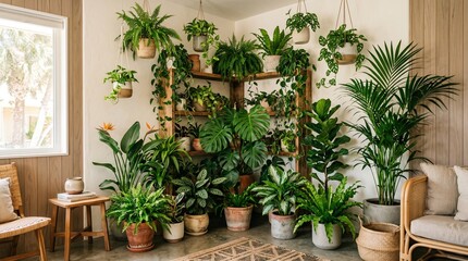 Fototapeta premium Abundant indoor plants flourishing in a beautifully decorated and sunlit room