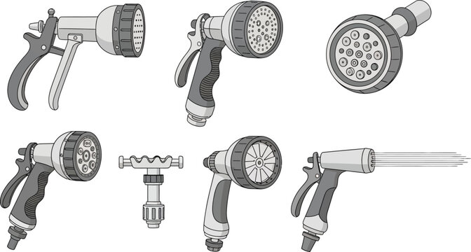 Collection of garden hose spray nozzles various watering tools in flat vector style for gardening and irrigation concepts isolated on white