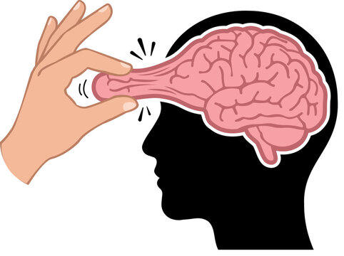 Hand pulling and stretching a brain from a human head silhouette vector illustration, concept of unlearning, mind control, brainwashing, psychology, and memory erasure