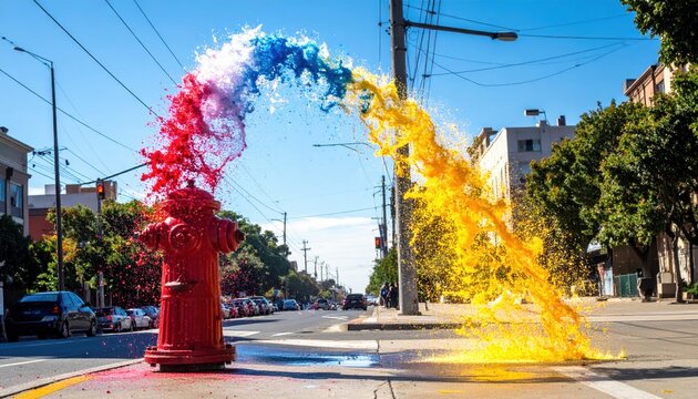 A red fire hydrant on a city street corner erupts with vibrant arcs of red, blue, and yellow color spray, creating a lively urban art installation.