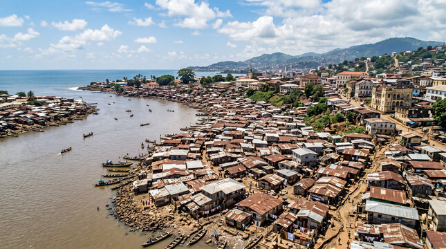Old town Freetown Sierra Leone. Coast of west Africa. Flying over slums beside the river.