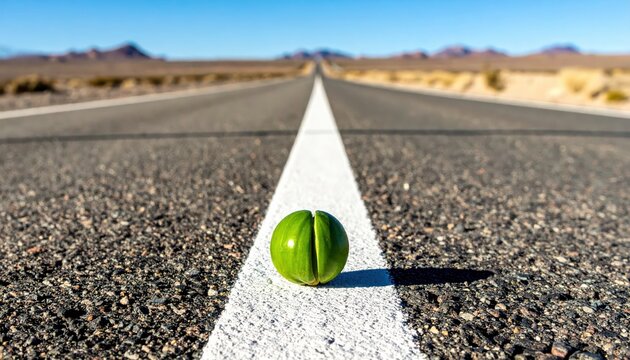 A Single Green Pea Placed on the White Line of a Desert Highway