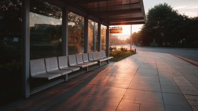 An empty bus stop features multiple seats under warm sunset light. Long shadows stretch across the pavement in a quiet urban scene. No people are present in this minimalist setting