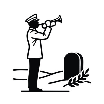 Military bugler playing taps at grave. Minimalist black and white funeral service icon. Memorial tribute vector illustration isolated on transparent background