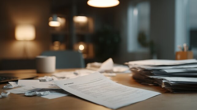 A top-down view shows an unpaid utility statement marked as past due. Scattered paperwork creates a cluttered desk. The atmosphere feels urgent under balanced overhead lighting