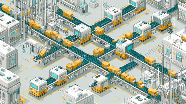 Futuristic smart factory with automated machinery and conveyor belts in high-tech manufacturing environment