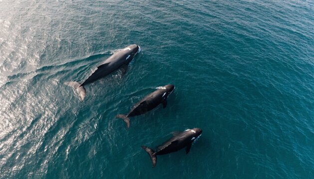 Aerial view of sperm whales swimming peacefully in the ocean.
