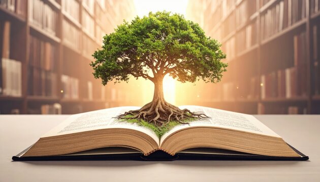 A majestic tree with spreading roots emerges from an open book, symbolizing the growth of knowledge and learning