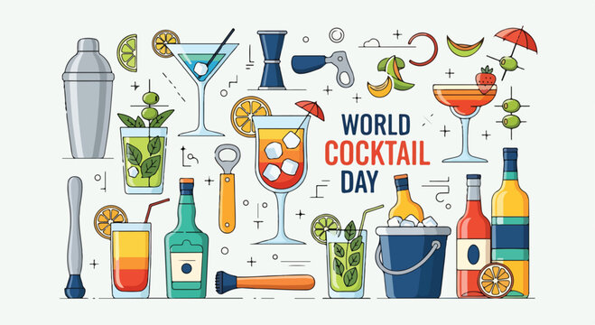 Colorful illustration of various cocktail glasses and bottles