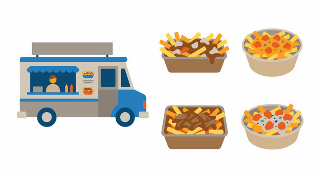 Blue food truck and poutine trays with various toppings illustration.
