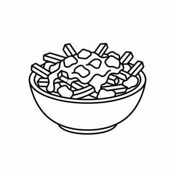 Bowl of poutine with gravy and cheese curds line drawing.