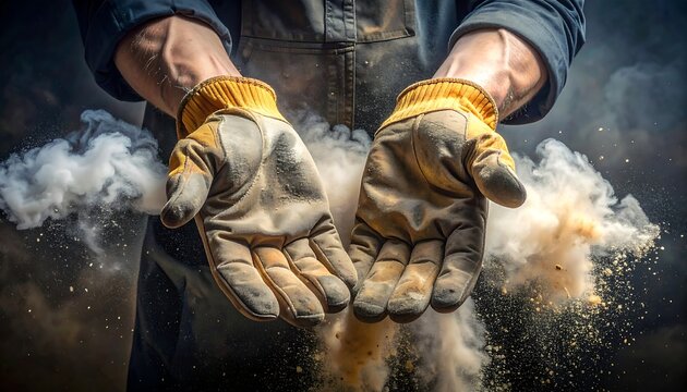 Close-up view of worker's hands in worn leather gloves, holding a cloud of swirling dust against a dark backdrop