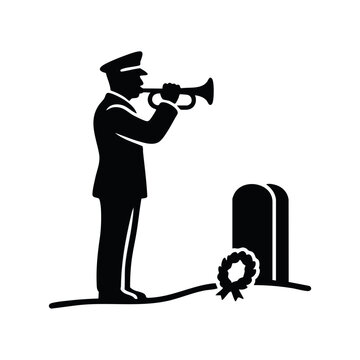 Military bugler playing taps at grave silhouette. Veteran funeral service vector illustration. Memorial day tribute and honor graphic isolated on transparent background
