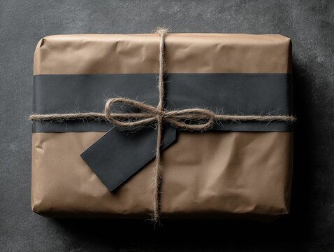 Rectangular cardboard parcel wrapped in brown paper with a black decorative stripe and a rustic twine bow tie