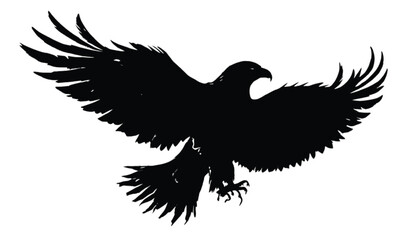 Fototapeta premium Eagle captured in mid-flight showcases expansive wings and sharp talons as it glides through the air in a stark black silhouette against a white background.