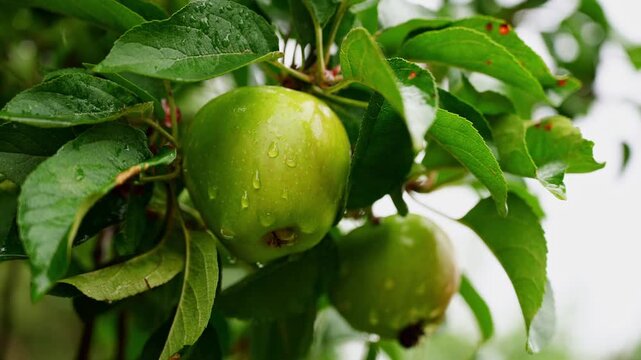 Green apples hanging from a tree branch in a garden