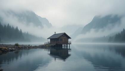 Fototapeta premium Wooden lake house on stilts, surrounded by foggy mountains and calm water wooden house