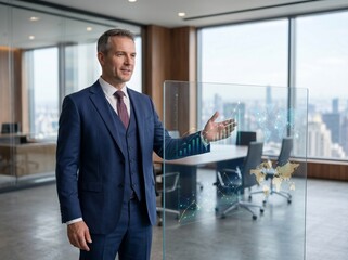 Fototapeta premium Professional business executive presenting future growth strategy using transparent digital display in a modern corporate boardroom with city skyline view. Concept of leadership, innovation, data anal