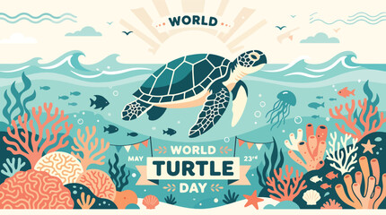 Turtle swimming in coral reef ocean. © Vuny