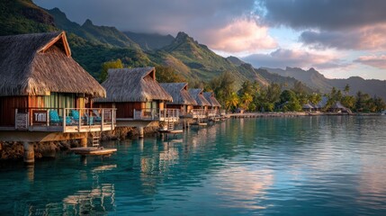 Obraz premium Lakeside huts on stilts at sunset