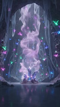 Magical Crystal Cave with Glowing Smoke and Flying Fairies
