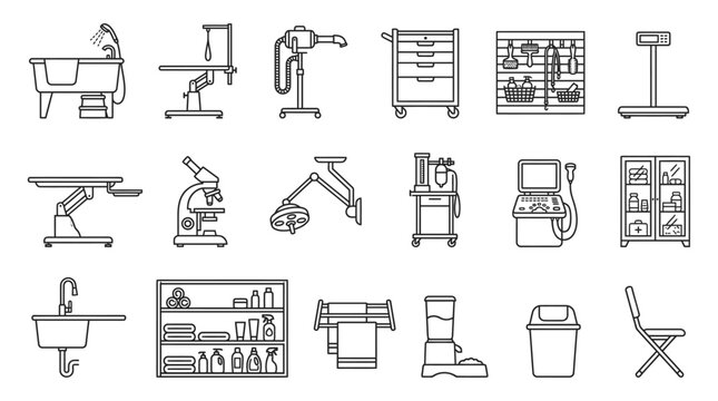 Veterinary Equipment Icons: A collection of line art icons representing essential equipment used in a veterinary clinic, including a grooming tub, examination table, microscope, and medical tools.